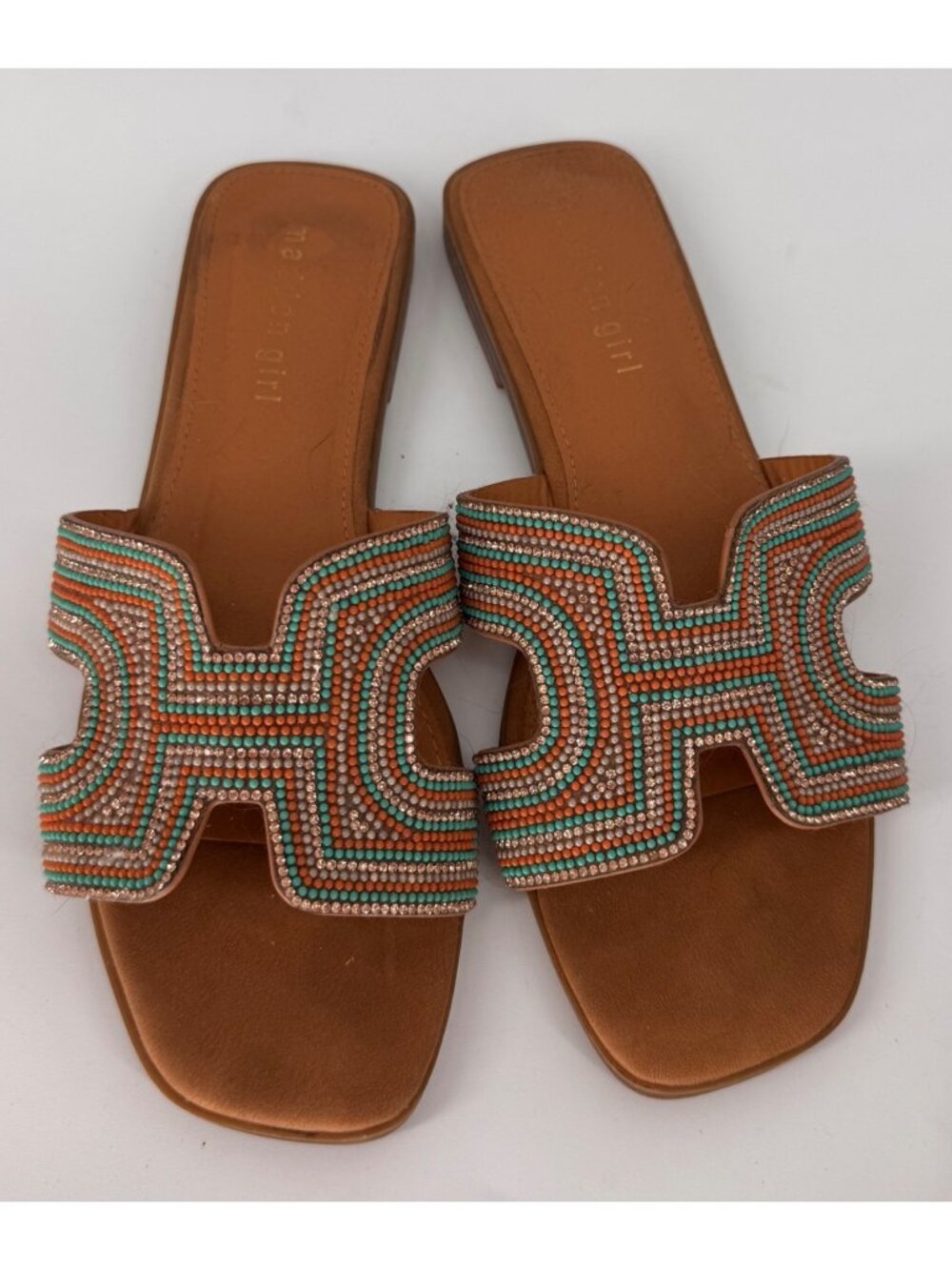 Madden Girl Womens Embellished Slide Sandals Size 8 Tan With Beaded Design